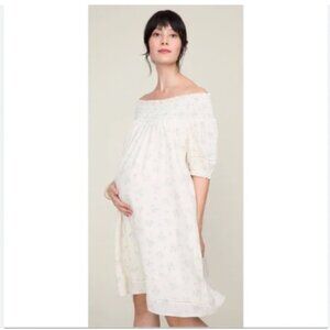 Hatch Leona Dress Womens Small Cream Green Floral Puff Sleeve Smocked Babydoll